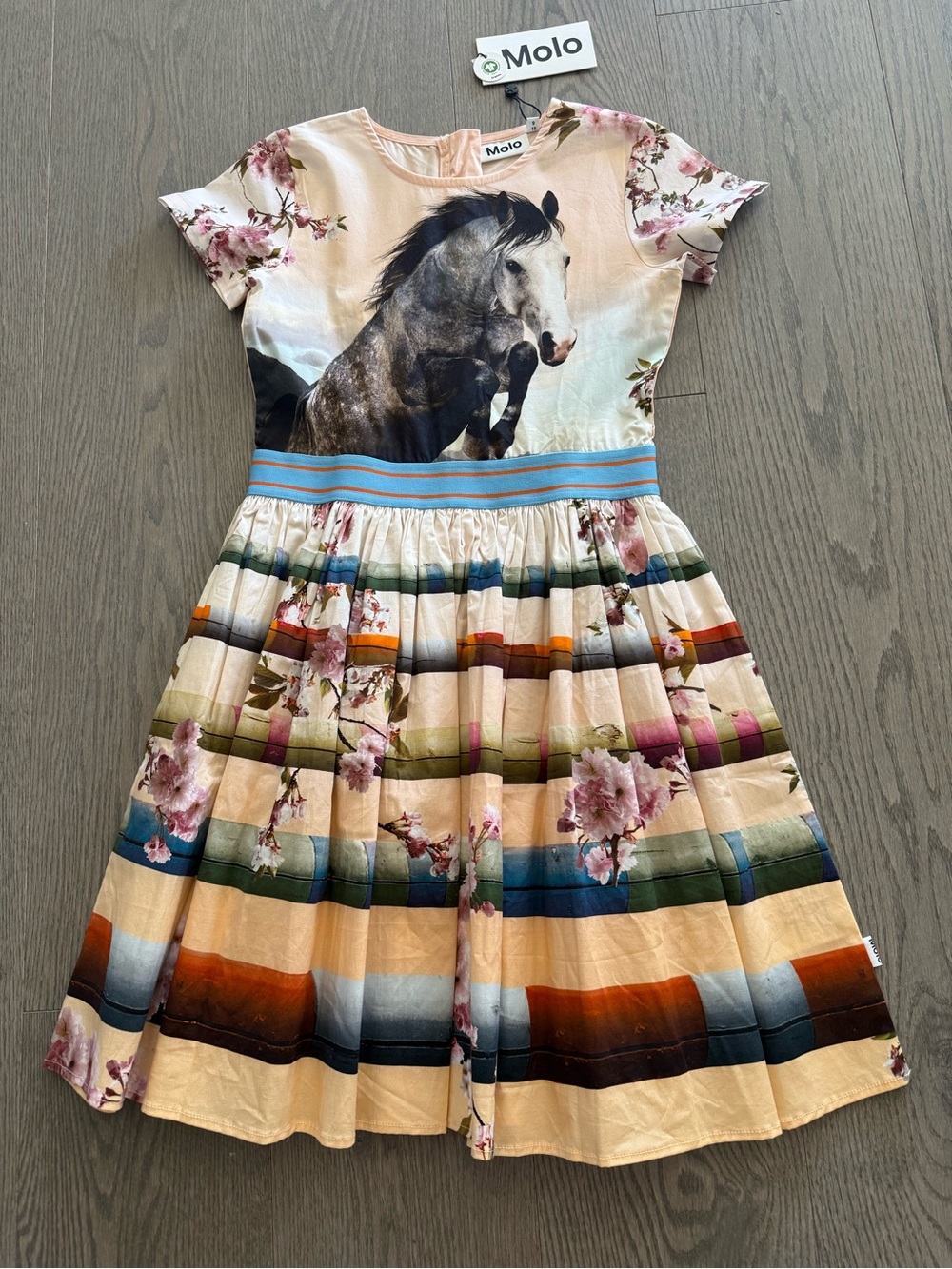NEW Molo Pink Floral Horse Print Dress with Blue Waistband